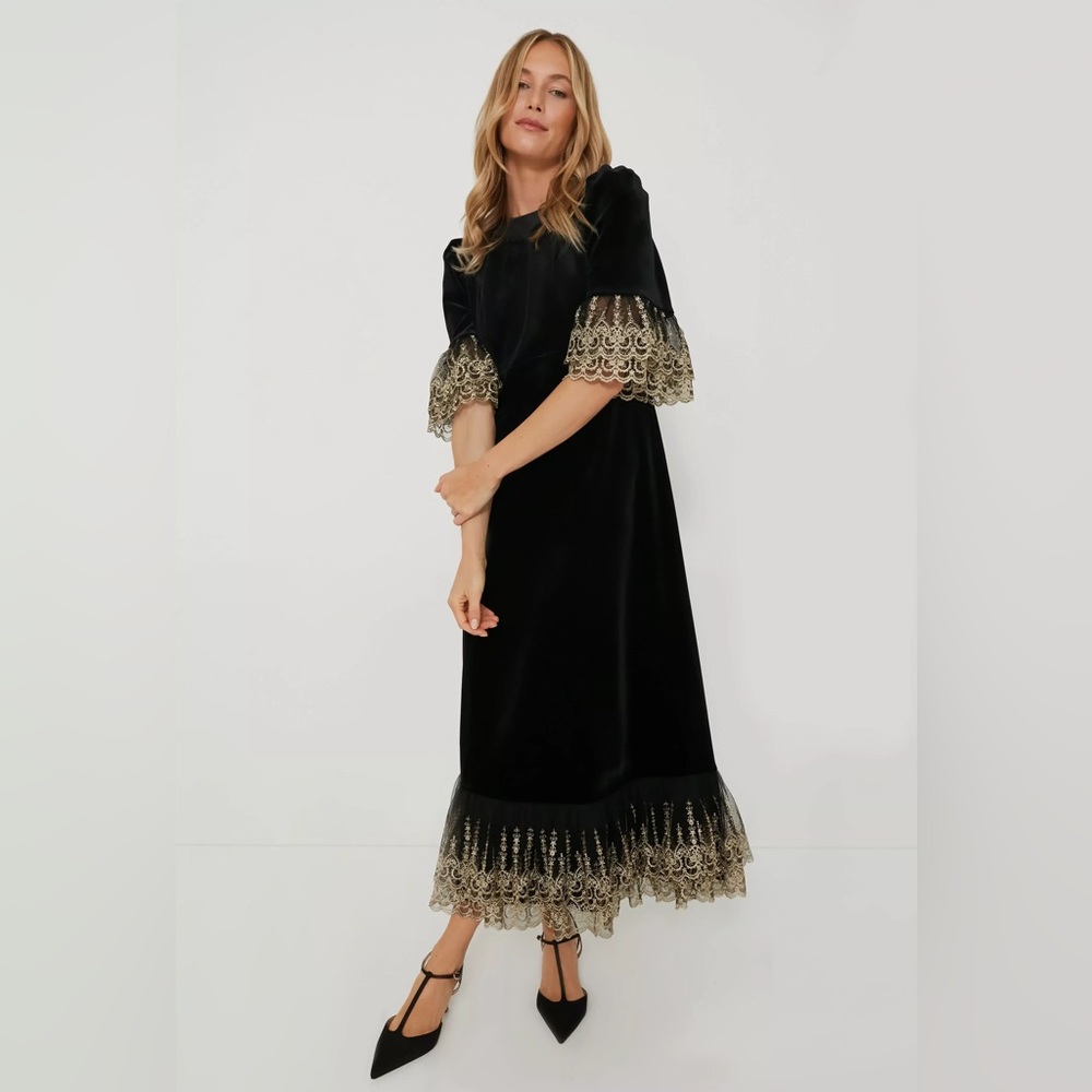 Tuckernuck Pomander Place black velvet gold lace maxi dress